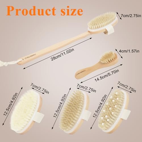 SAMEBUTECO Dry Brushing Body Brush Set with Long Handle – Natural Boar Bristle Body & Face Brush, Wooden Detachable Scrub Brush, 3 Brush Heads for Exfoliating & Body Care - görsel 6
