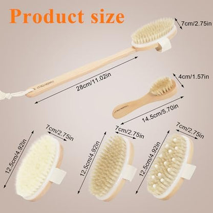 SAMEBUTECO Dry Brushing Body Brush Set with Long Handle – Natural Boar Bristle Body & Face Brush, Wooden Detachable Scrub Brush, 3 Brush Heads for Exfoliating & Body Care