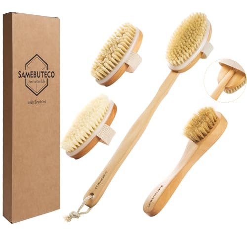 SAMEBUTECO Dry Brushing Body Brush Set with Long Handle – Natural Boar Bristle Body & Face Brush, Wooden Detachable Scrub Brush, 3 Brush Heads for Exfoliating & Body Care - görsel 2