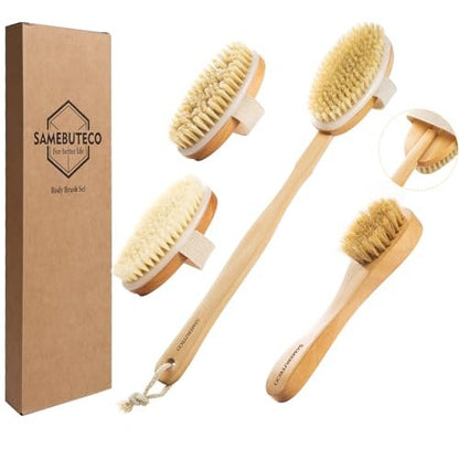 SAMEBUTECO Dry Brushing Body Brush Set with Long Handle – Natural Boar Bristle Body & Face Brush, Wooden Detachable Scrub Brush, 3 Brush Heads for Exfoliating & Body Care