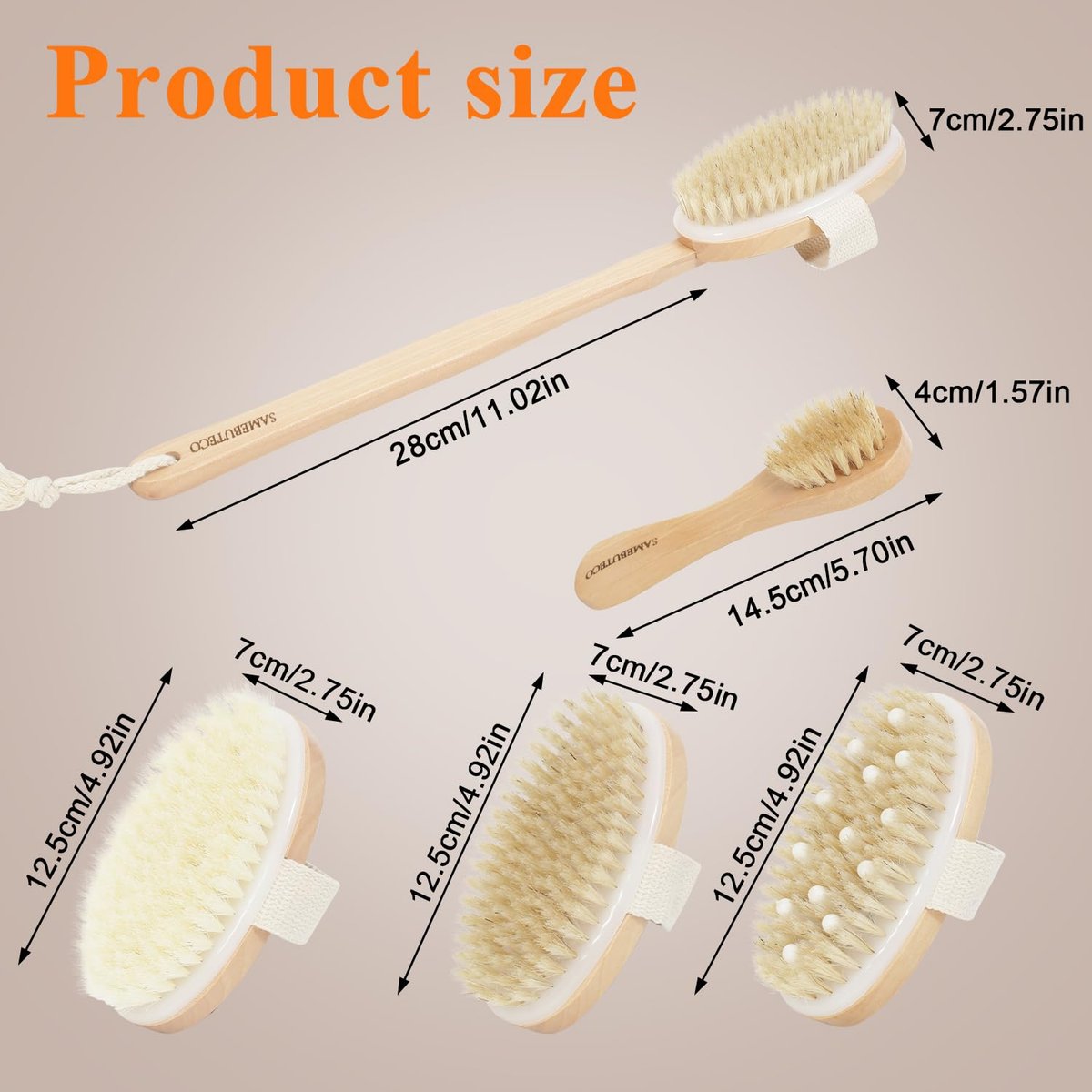 SAMEBUTECO Dry Brushing Body Brush Set with Long Handle – Natural Boar Bristle Body & Face Brush, Wooden Detachable Scrub Brush, 3 Brush Heads for Exfoliating & Body Care - görsel 5