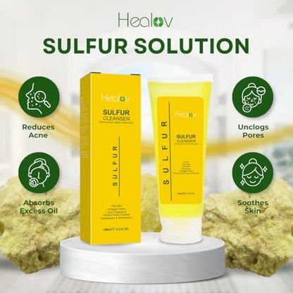 Healov Sulfur Soap – Sulfur Face & Body Wash for Acne – Sulphur Exfoliating Facial Cleanser Absorbs Excess Oil, Reduces Breakouts, & Cleanses Skin – Natural Cystic Acne, Rosacea Skin Care Treatment