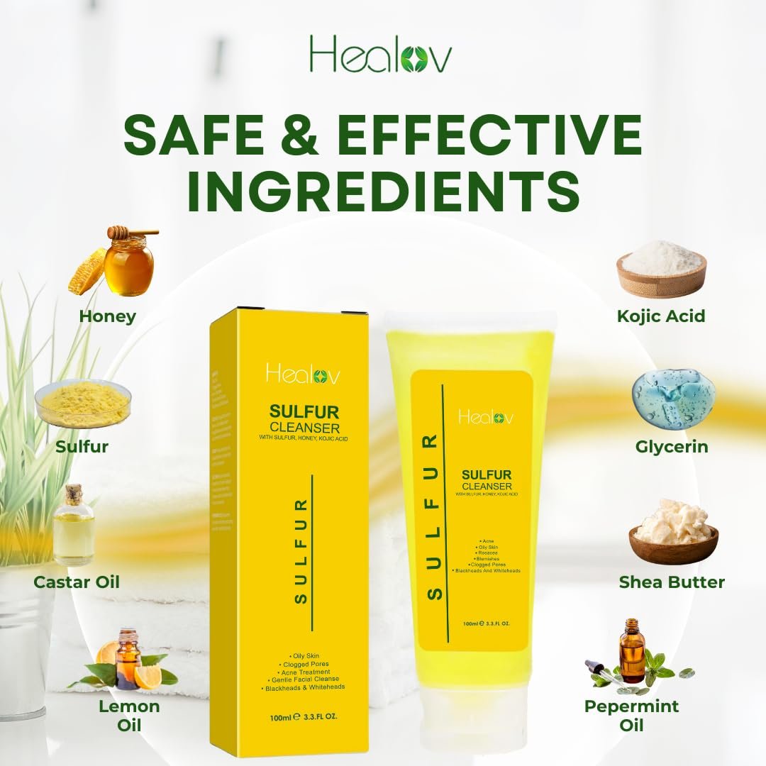 Healov Sulfur Soap – Sulfur Face & Body Wash for Acne – Sulphur Exfoliating Facial Cleanser Absorbs Excess Oil, Reduces Breakouts, & Cleanses Skin – Natural Cystic Acne, Rosacea Skin Care Treatment - görsel 9