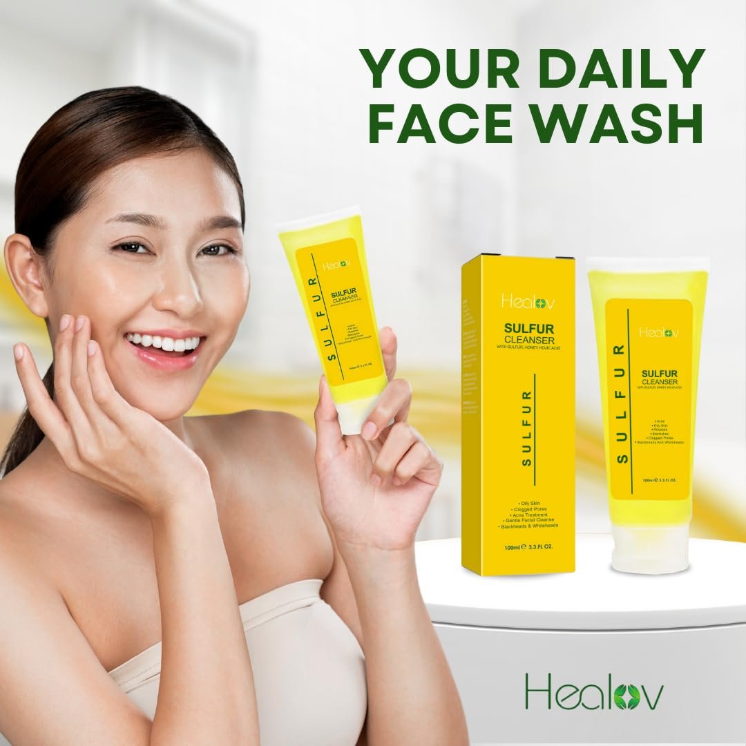 Healov Sulfur Soap – Sulfur Face & Body Wash for Acne – Sulphur Exfoliating Facial Cleanser Absorbs Excess Oil, Reduces Breakouts, & Cleanses Skin – Natural Cystic Acne, Rosacea Skin Care Treatment - görsel 5