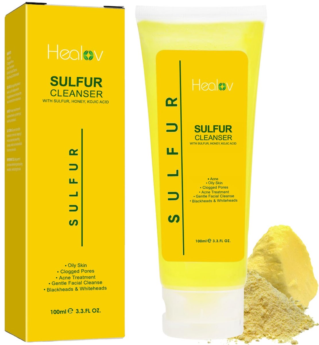 Healov Sulfur Soap – Sulfur Face & Body Wash for Acne – Sulphur Exfoliating Facial Cleanser Absorbs Excess Oil, Reduces Breakouts, & Cleanses Skin – Natural Cystic Acne, Rosacea Skin Care Treatment - görsel 1