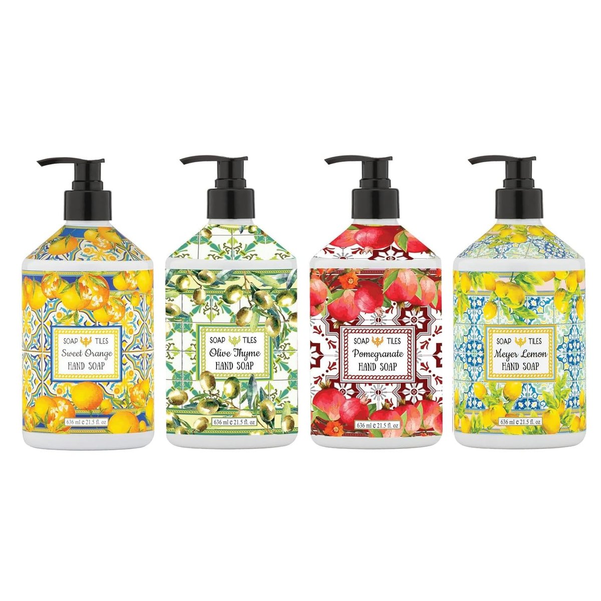 Home & Body Company Soap Tiles Hand Soap - 4 Pack (21.5 fl oz Each) - Sweet Orange, Olive Thyme, Pomegranate, Meyer Lemon Avelisse