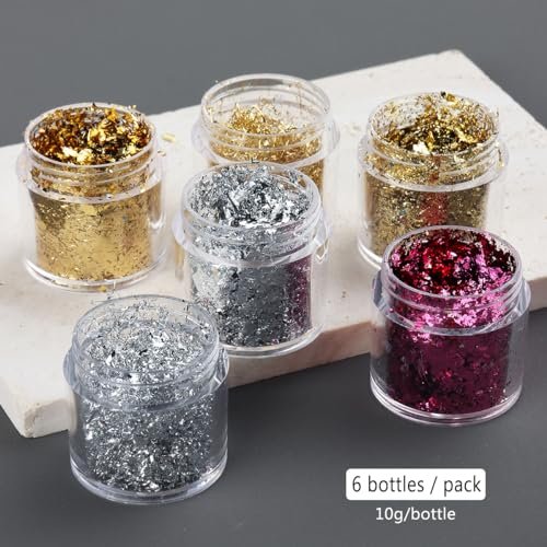 Fcozpjk Gold Foil Flakes for Nail Art - 6 Bottles Irregular Silver, Hot Pink & Gold Leaf, Metallic Glitter Nail Decoration, Shiny Manicure Sequins - görsel 4