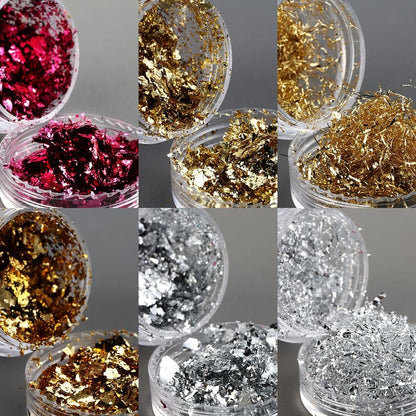 Fcozpjk Gold Foil Flakes for Nail Art - 6 Bottles Irregular Silver, Hot Pink & Gold Leaf, Metallic Glitter Nail Decoration, Shiny Manicure Sequins