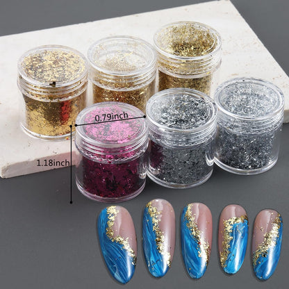 Fcozpjk Gold Foil Flakes for Nail Art - 6 Bottles Irregular Silver, Hot Pink & Gold Leaf, Metallic Glitter Nail Decoration, Shiny Manicure Sequins