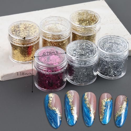 Fcozpjk Gold Foil Flakes for Nail Art - 6 Bottles Irregular Silver, Hot Pink & Gold Leaf, Metallic Glitter Nail Decoration, Shiny Manicure Sequins - görsel 14