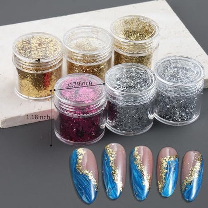 Fcozpjk Gold Foil Flakes for Nail Art - 6 Bottles Irregular Silver, Hot Pink & Gold Leaf, Metallic Glitter Nail Decoration, Shiny Manicure Sequins
