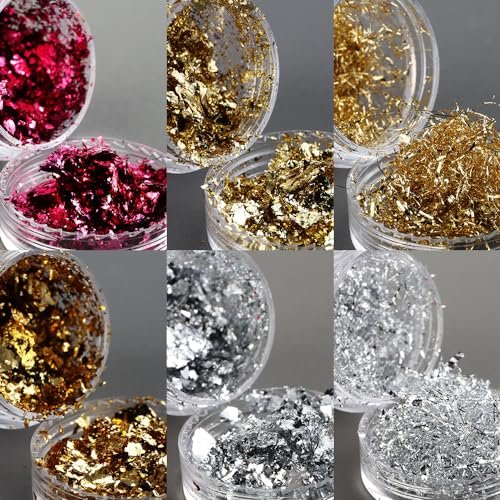 Fcozpjk Gold Foil Flakes for Nail Art - 6 Bottles Irregular Silver, Hot Pink & Gold Leaf, Metallic Glitter Nail Decoration, Shiny Manicure Sequins - görsel 6