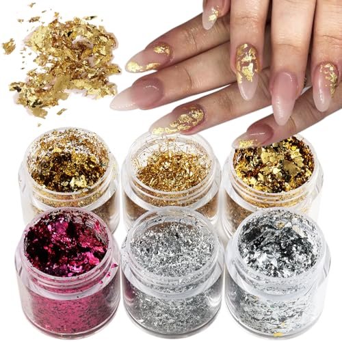 Fcozpjk Gold Foil Flakes for Nail Art - 6 Bottles Irregular Silver, Hot Pink & Gold Leaf, Metallic Glitter Nail Decoration, Shiny Manicure Sequins - görsel 2