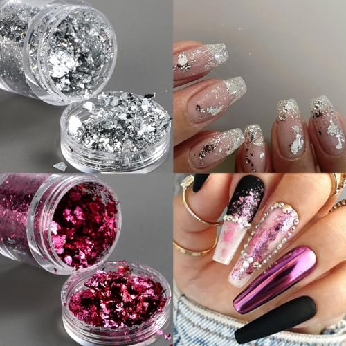 Fcozpjk Gold Foil Flakes for Nail Art - 6 Bottles Irregular Silver, Hot Pink & Gold Leaf, Metallic Glitter Nail Decoration, Shiny Manicure Sequins - görsel 10
