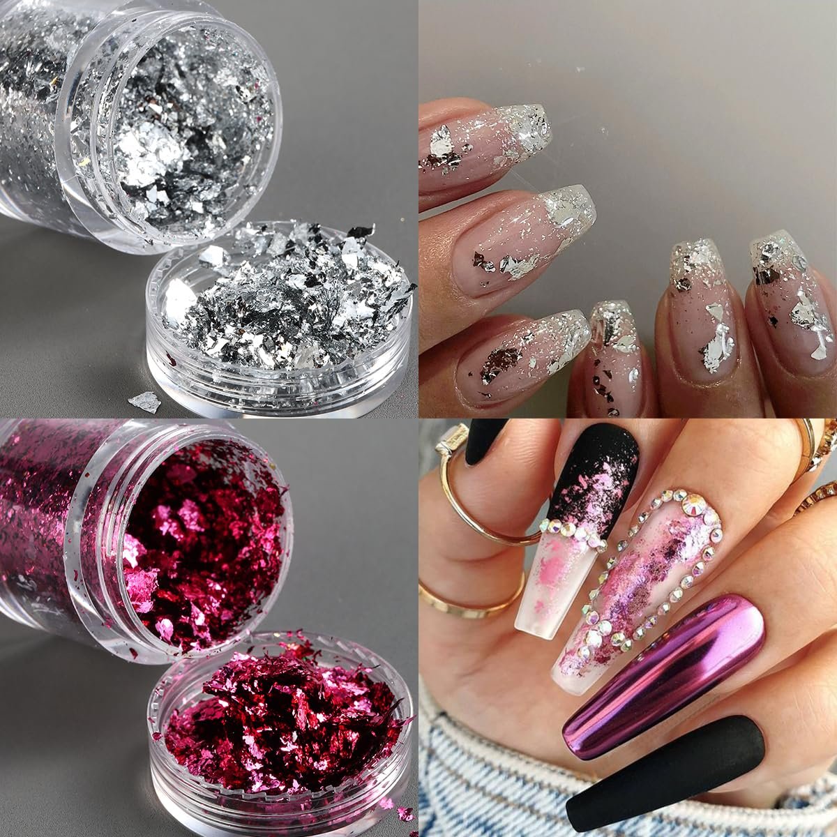 Fcozpjk Gold Foil Flakes for Nail Art - 6 Bottles Irregular Silver, Hot Pink & Gold Leaf, Metallic Glitter Nail Decoration, Shiny Manicure Sequins - görsel 9