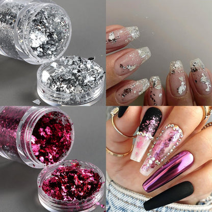 Fcozpjk Gold Foil Flakes for Nail Art - 6 Bottles Irregular Silver, Hot Pink & Gold Leaf, Metallic Glitter Nail Decoration, Shiny Manicure Sequins