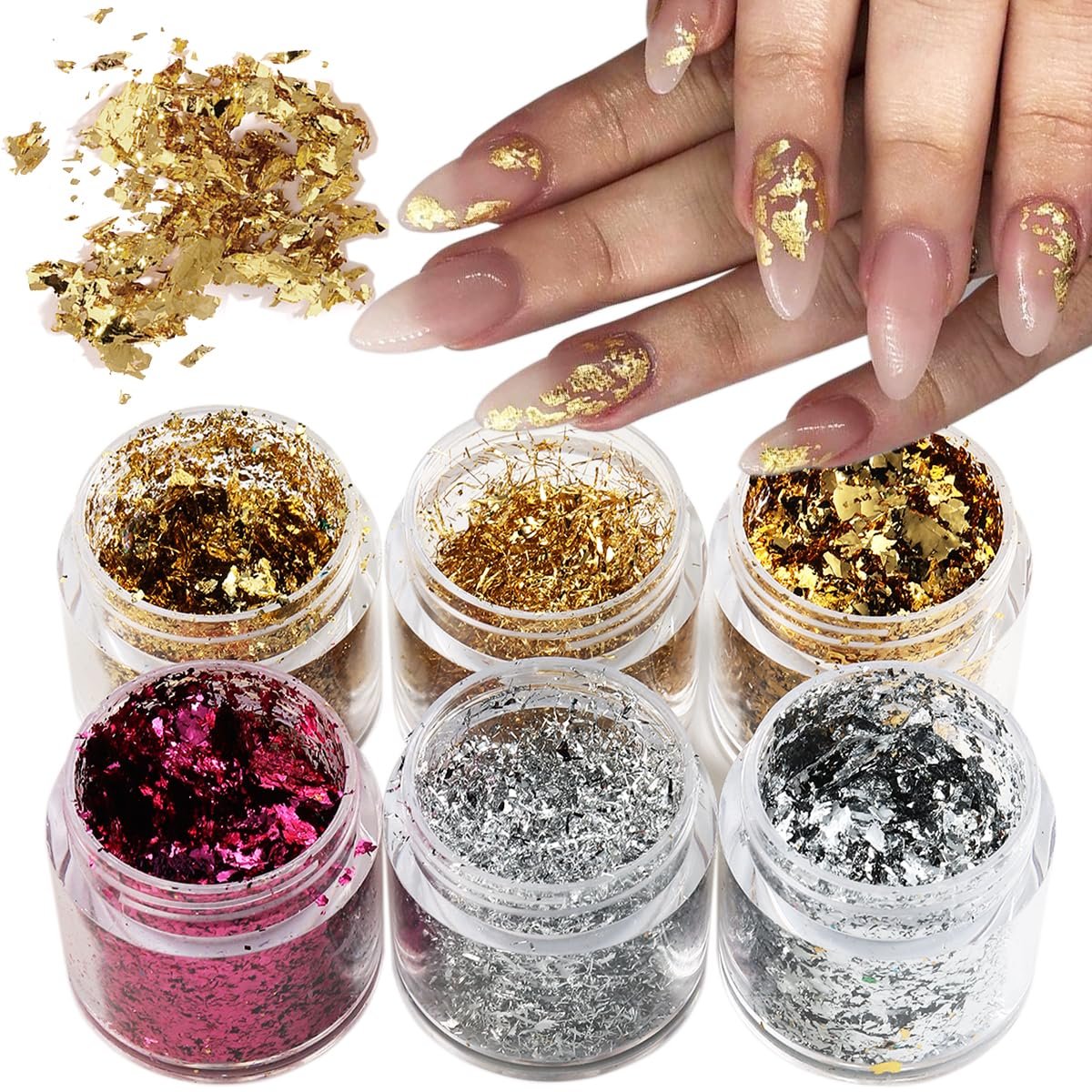 Fcozpjk Gold Foil Flakes for Nail Art - 6 Bottles Irregular Silver, Hot Pink & Gold Leaf, Metallic Glitter Nail Decoration, Shiny Manicure Sequins - görsel 1
