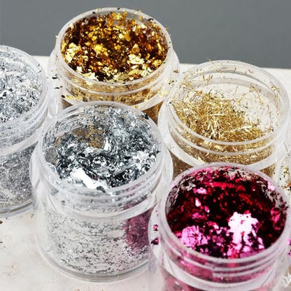 Fcozpjk Gold Foil Flakes for Nail Art - 6 Bottles Irregular Silver, Hot Pink & Gold Leaf, Metallic Glitter Nail Decoration, Shiny Manicure Sequins