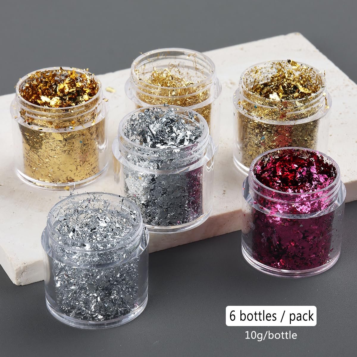 Fcozpjk Gold Foil Flakes for Nail Art - 6 Bottles Irregular Silver, Hot Pink & Gold Leaf, Metallic Glitter Nail Decoration, Shiny Manicure Sequins - görsel 3