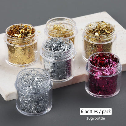 Fcozpjk Gold Foil Flakes for Nail Art - 6 Bottles Irregular Silver, Hot Pink & Gold Leaf, Metallic Glitter Nail Decoration, Shiny Manicure Sequins