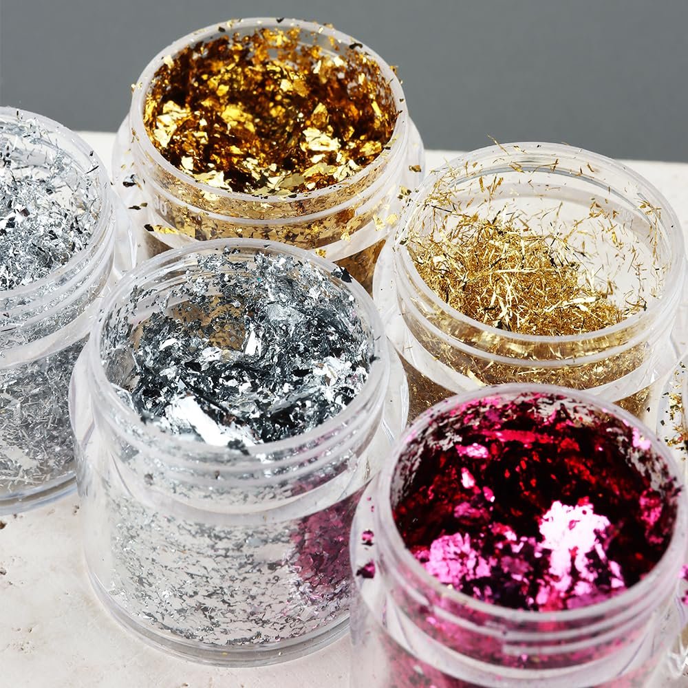 Fcozpjk Gold Foil Flakes for Nail Art - 6 Bottles Irregular Silver, Hot Pink & Gold Leaf, Metallic Glitter Nail Decoration, Shiny Manicure Sequins - görsel 11