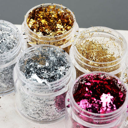 Fcozpjk Gold Foil Flakes for Nail Art - 6 Bottles Irregular Silver, Hot Pink & Gold Leaf, Metallic Glitter Nail Decoration, Shiny Manicure Sequins