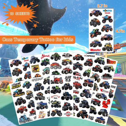 UVUXO Monster Truck Temporary Tattoos for Kids – 10 Sheets of Durable, Realistic Car Tattoos for Boys, Monster Truck Birthday Party Supplies & Party Favors Avelisse