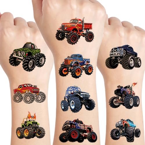 UVUXO Monster Truck Temporary Tattoos for Kids – 10 Sheets of Durable, Realistic Car Tattoos for Boys, Monster Truck Birthday Party Supplies & Party Favors Avelisse