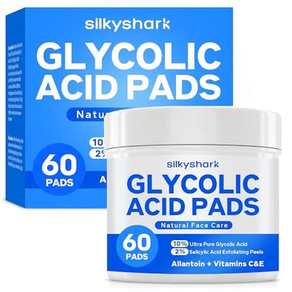 SilkyShark Glycolic Acid Resurfacing Pads – 10% Glycolic + 2% Salicylic Acid, 60-Count Exfoliating Face Pads for Radiant Skin Renewal
