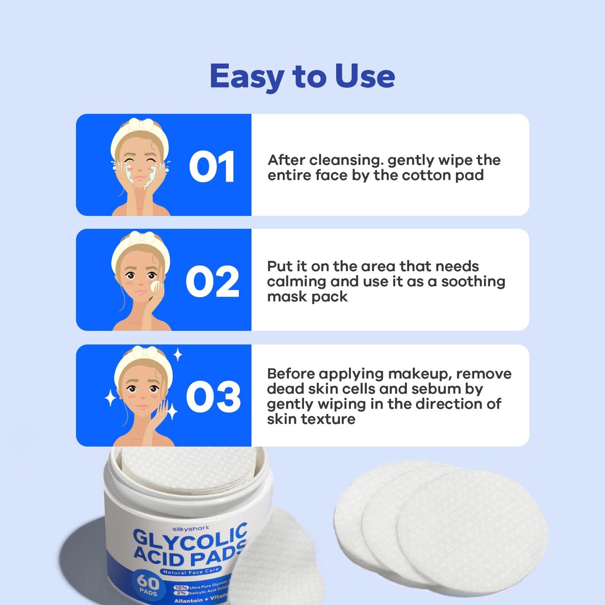 SilkyShark Glycolic Acid Resurfacing Pads – 10% Glycolic + 2% Salicylic Acid, 60-Count Exfoliating Face Pads for Radiant Skin Renewal - görsel 11