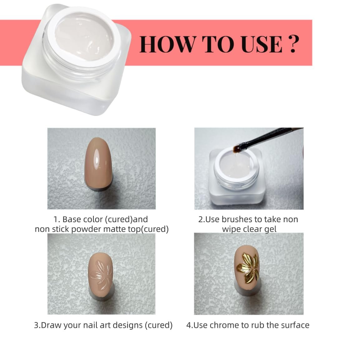 Non-Wipe Clear Gel Semi-Solid 6g – Mirror Chrome Powder Nail Art 3D Sculpture Style Embossed Gel - görsel 5