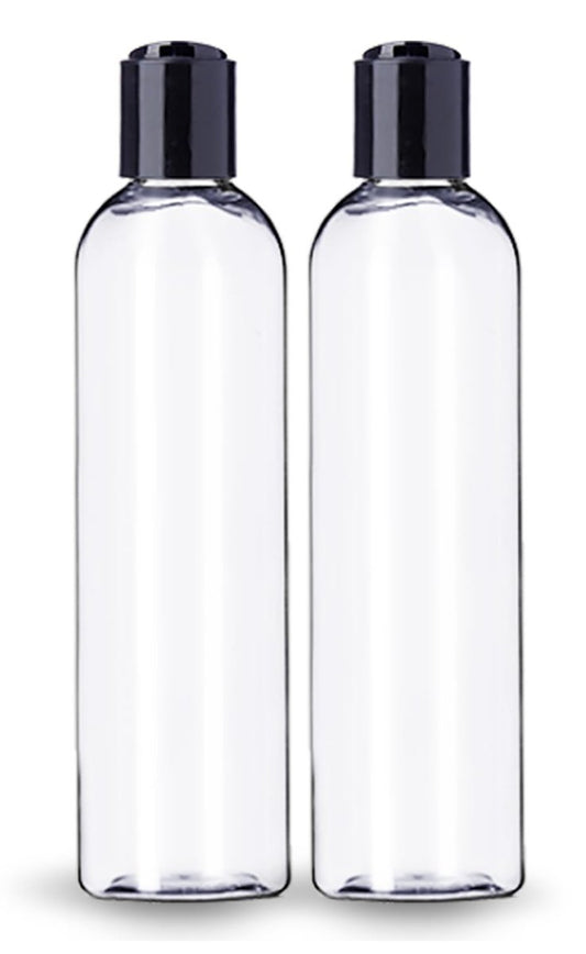 8 oz Clear Plastic Empty Bottles with Black Disc Top Caps - Pack of 2, BPA Free, Made in USA