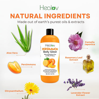 Healov Persimmon Body Wash for Body Odor Control – Purifying Deodorizing Soap – Eliminates Odor on Underarms, Intimate Areas, Feet – Natural Deodorant Soap, Safe for Kids, 16.9 oz Avelisse