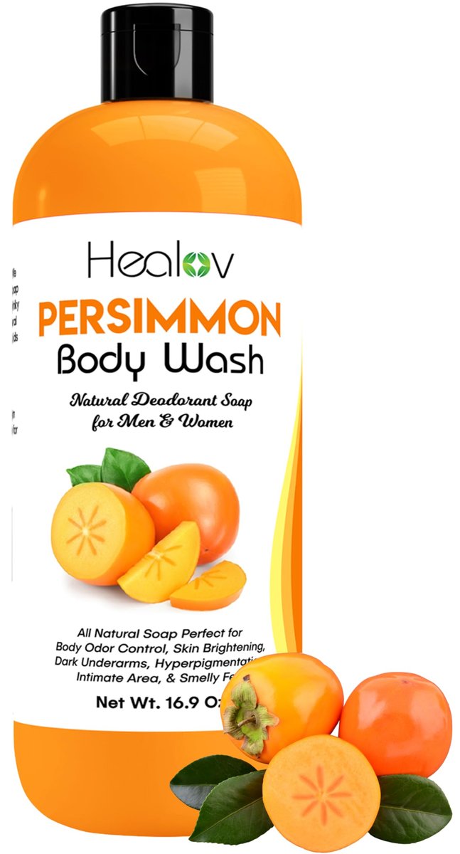Healov Persimmon Body Wash for Body Odor Control – Purifying Deodorizing Soap – Eliminates Odor on Underarms, Intimate Areas, Feet – Natural Deodorant Soap, Safe for Kids, 16.9 oz Avelisse