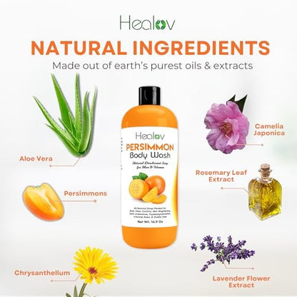 Healov Persimmon Body Wash for Body Odor Control – Purifying Deodorizing Soap – Eliminates Odor on Underarms, Intimate Areas, Feet – Natural Deodorant Soap, Safe for Kids, 16.9 oz Avelisse