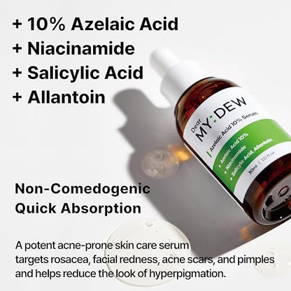 DearMYDEW 10% Azelaic Acid Serum with Niacinamide, Salicylic Acid, Allantoin – Rosacea & Redness Relief, Reduce Cystic Acne Scars & Pimples, Non-Comedogenic Korean Skincare, 1 Fl Oz Avelisse