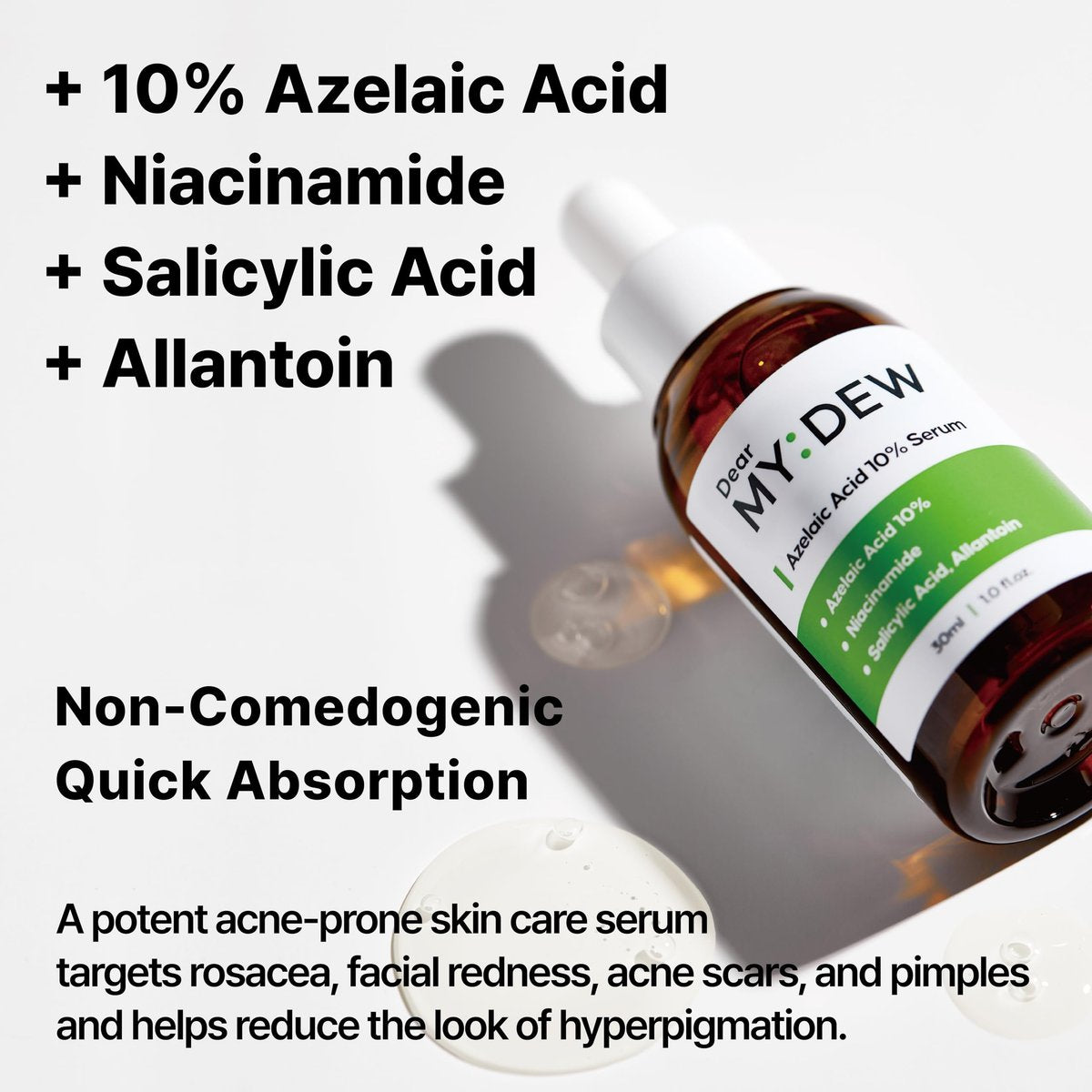 DearMYDEW 10% Azelaic Acid Serum with Niacinamide, Salicylic Acid, Allantoin – Rosacea & Redness Relief, Reduce Cystic Acne Scars & Pimples, Non-Comedogenic Korean Skincare, 1 Fl Oz Avelisse