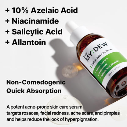 DearMYDEW 10% Azelaic Acid Serum with Niacinamide, Salicylic Acid, Allantoin – Rosacea & Redness Relief, Reduce Cystic Acne Scars & Pimples, Non-Comedogenic Korean Skincare, 1 Fl Oz Avelisse