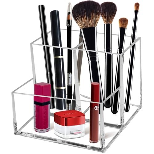 Cerpourt Clear Acrylic Makeup Brush Organizer - 3-Slot Cosmetic Storage Holder for Vanity Desk - görsel 2