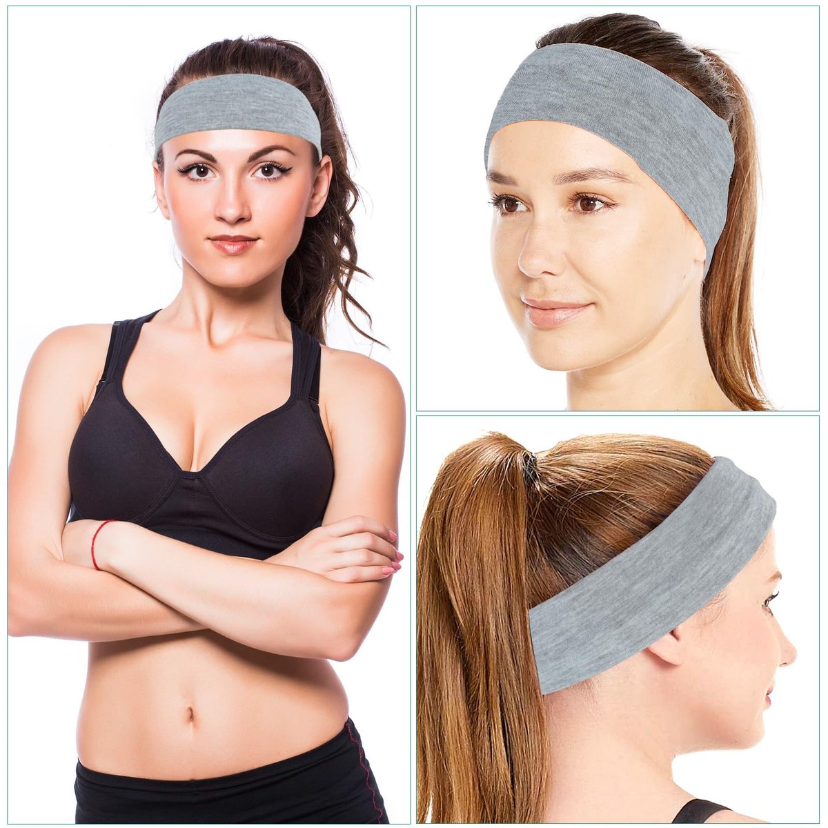 Mabor 3-Piece Non-Slip Headbands Set - Soft Elastic Stretchy Sweat Headbands for Women & Girls - Yoga, Workout, Sports - White, Black, Grey - görsel 5
