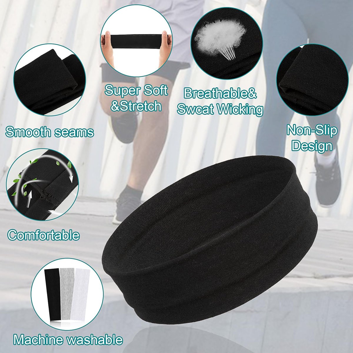 Mabor 3-Piece Non-Slip Headbands Set - Soft Elastic Stretchy Sweat Headbands for Women & Girls - Yoga, Workout, Sports - White, Black, Grey - görsel 3