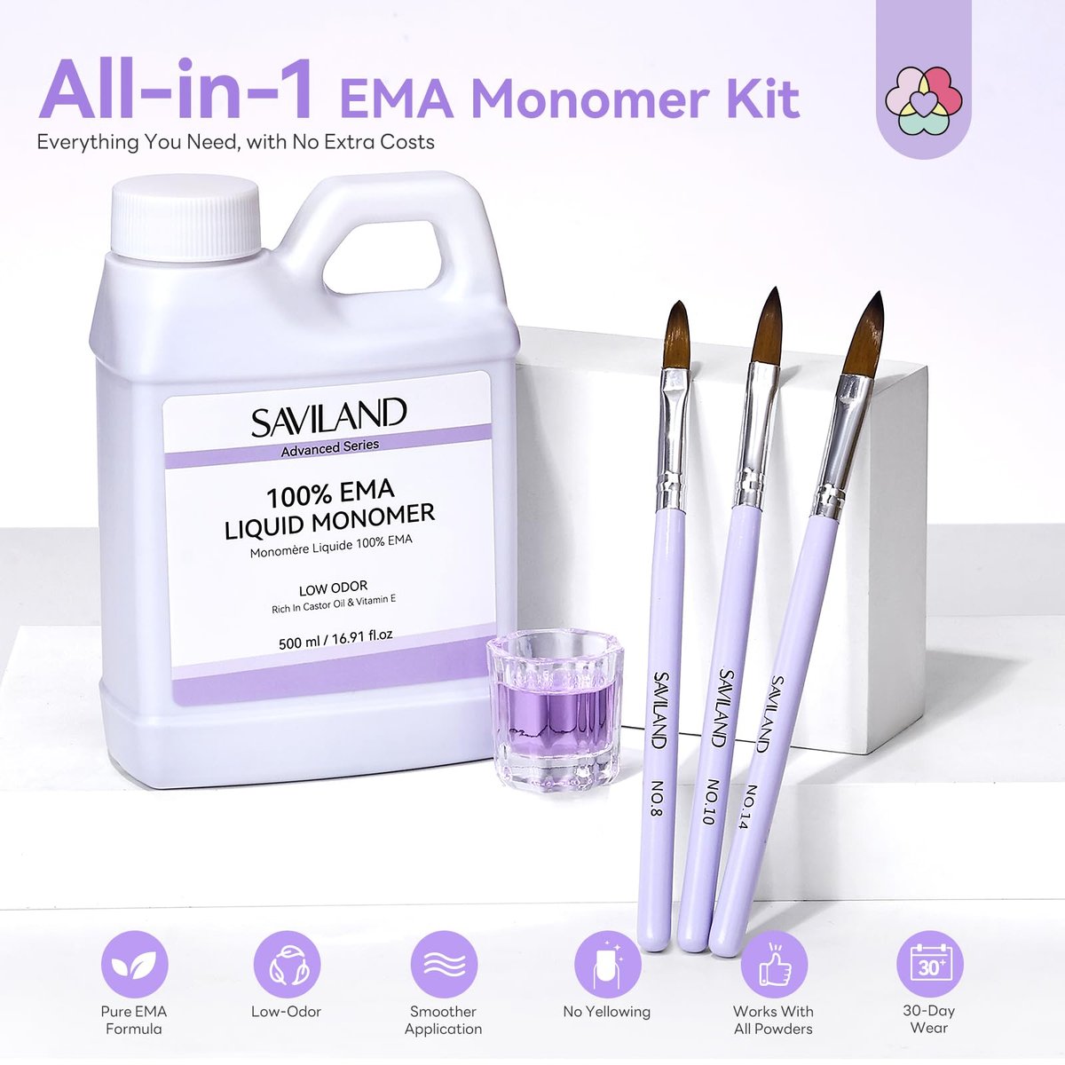 SAVILAND Advanced Monomer Acrylic Nail Liquid Kit – 16oz Pure EMA Low Odor Acrylic Liquid with 3 Brushes & Dappen Dish for French Nail Extension, Carving, DIY Home Use (500 ml) Avelisse