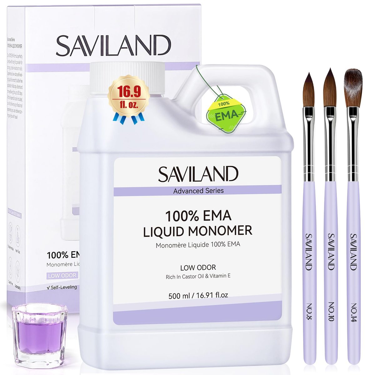 SAVILAND Advanced Monomer Acrylic Nail Liquid Kit – 16oz Pure EMA Low Odor Acrylic Liquid with 3 Brushes & Dappen Dish for French Nail Extension, Carving, DIY Home Use (500 ml) Avelisse