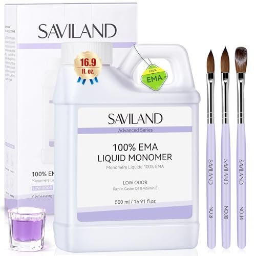 SAVILAND Advanced Monomer Acrylic Nail Liquid Kit – 16oz Pure EMA Low Odor Acrylic Liquid with 3 Brushes & Dappen Dish for French Nail Extension, Carving, DIY Home Use (500 ml) Avelisse