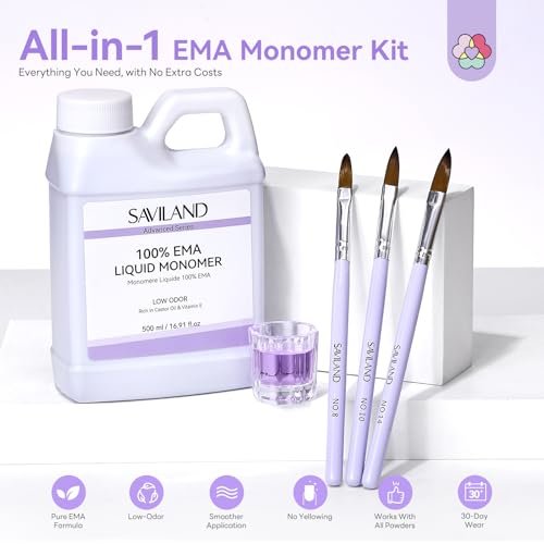 SAVILAND Advanced Monomer Acrylic Nail Liquid Kit – 16oz Pure EMA Low Odor Acrylic Liquid with 3 Brushes & Dappen Dish for French Nail Extension, Carving, DIY Home Use (500 ml) Avelisse