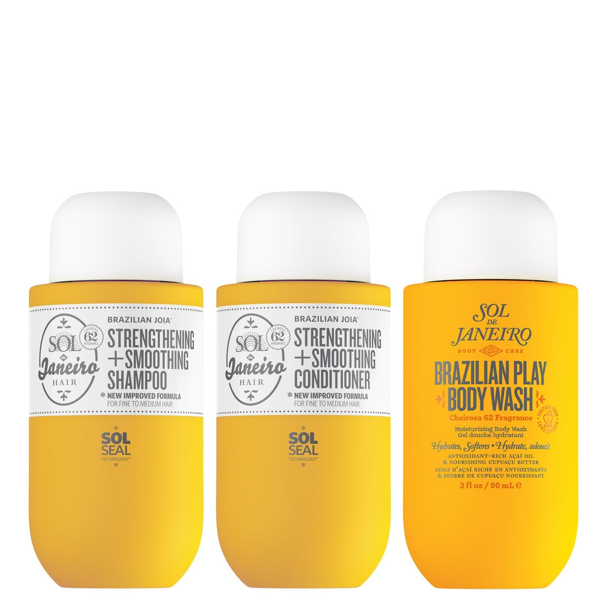 Sol de Janeiro Ultimate Shower Bundle: Travel Size Mini Brazilian Play Moisturizing Shower Cream Gel Body Wash + Brazilian Joia Damage Repairing Shampoo and Conditioner Set Avelisse