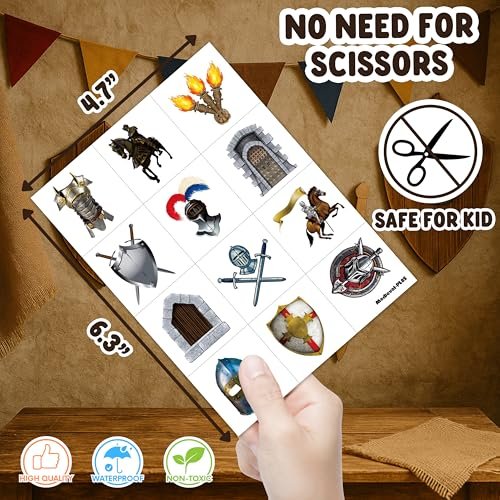 96PCS Medieval Knight Temporary Tattoos for Kids - Pre-Cut Stickers for Birthday Party Decorations, Favors, Prizes - görsel 10
