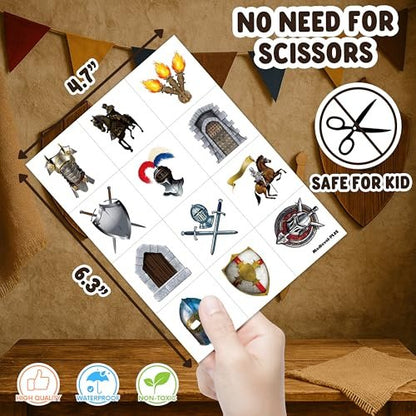 96PCS Medieval Knight Temporary Tattoos for Kids - Pre-Cut Stickers for Birthday Party Decorations, Favors, Prizes