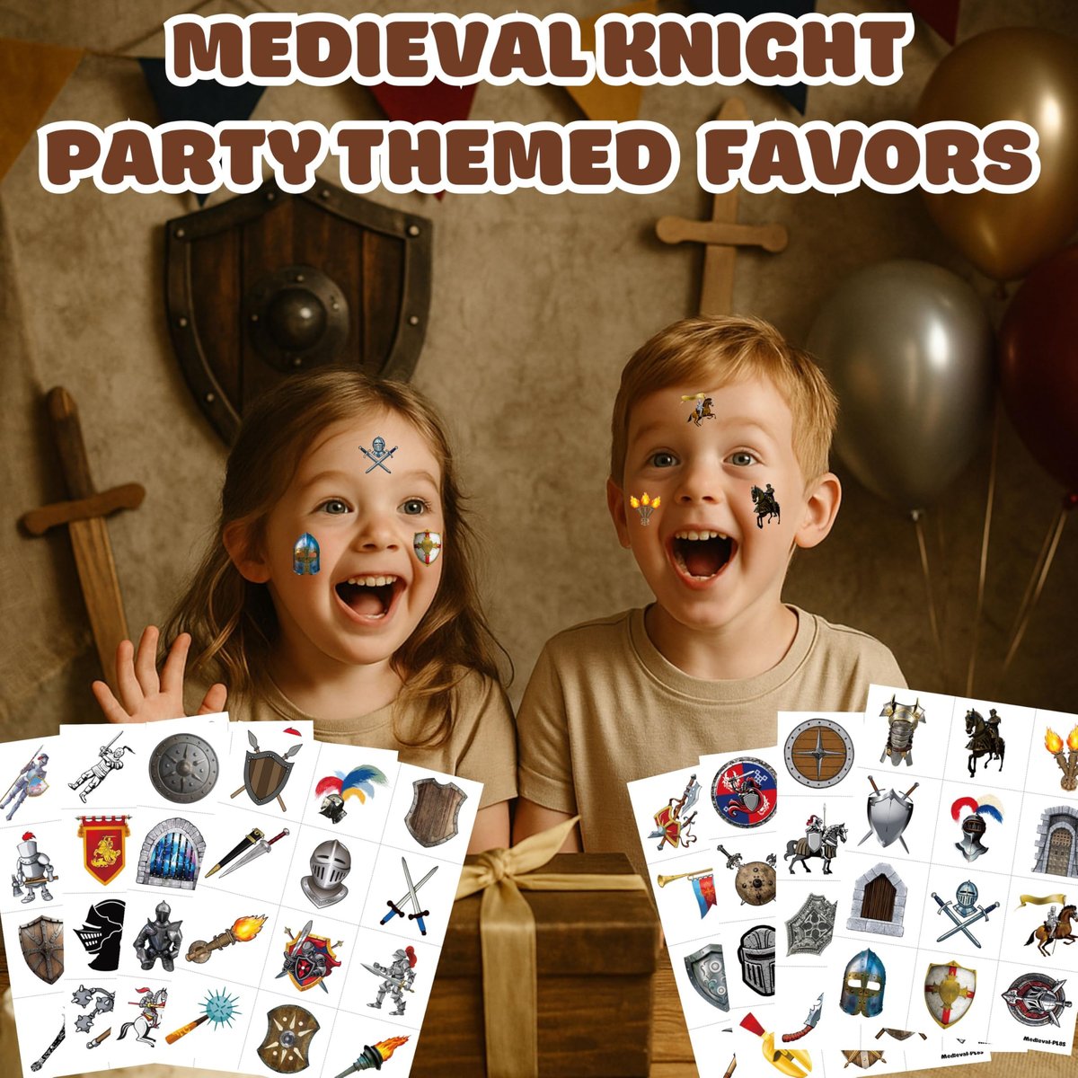 96PCS Medieval Knight Temporary Tattoos for Kids - Pre-Cut Stickers for Birthday Party Decorations, Favors, Prizes - görsel 3
