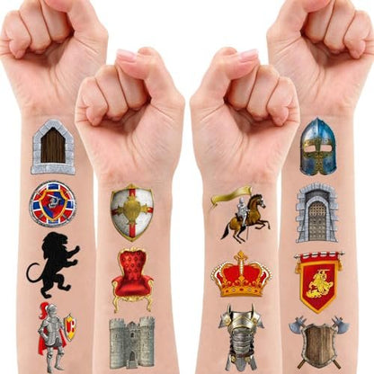 96PCS Medieval Knight Temporary Tattoos for Kids - Pre-Cut Stickers for Birthday Party Decorations, Favors, Prizes